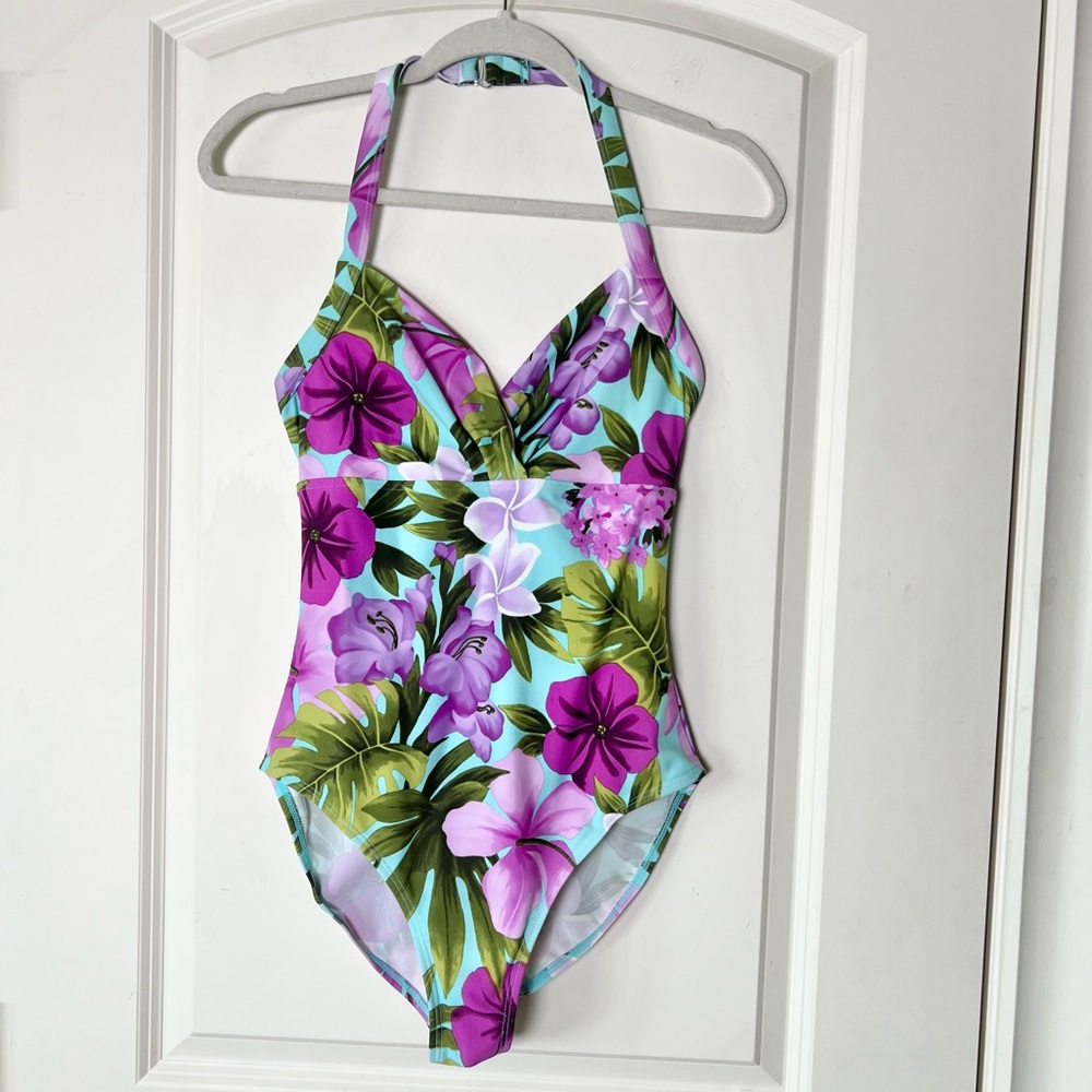 Beach Bay Turquoise and purple tropical floral print Swimsuit Size 12